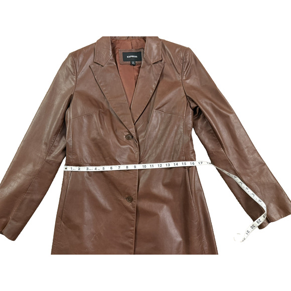 Vintage Express Women’s Brown Genuine Leather Long Jacket Coat Y2K Size 9/10 - Picture 3 of 9